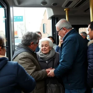 Scene illustrating community members supporting an elderly passenger on a Boston bus