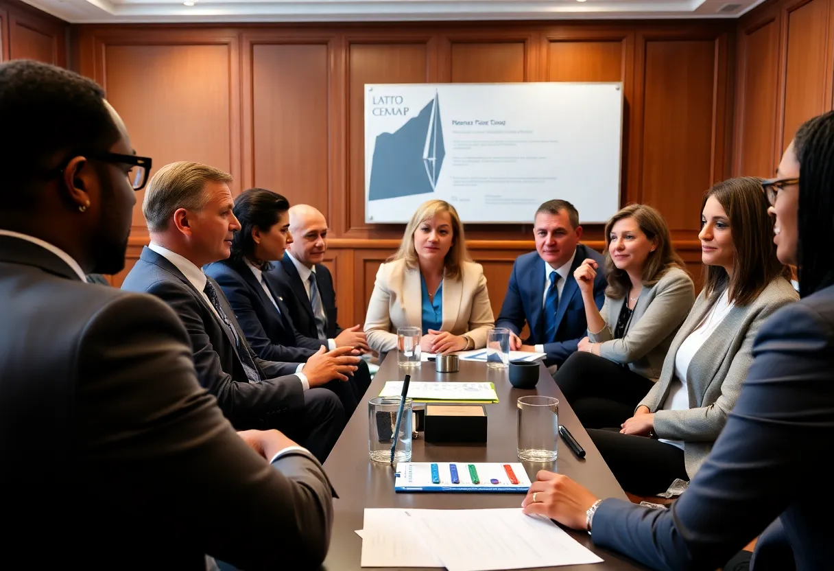 Business leaders discussing research funding