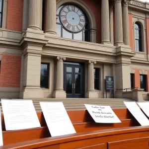 Image of Boston City Council building with community letters in focus