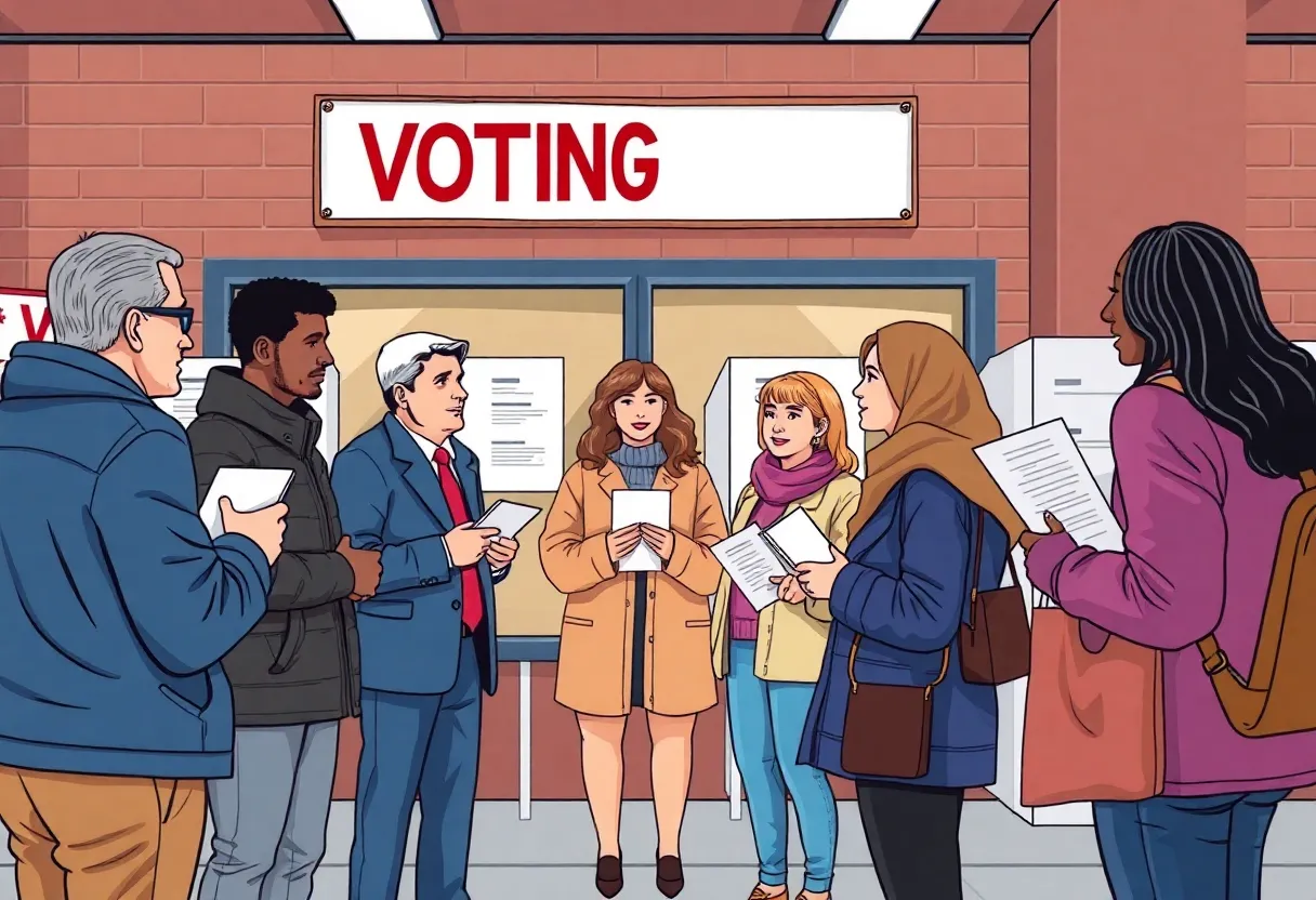 Diverse voters participating in Boston City Council elections at a polling station.