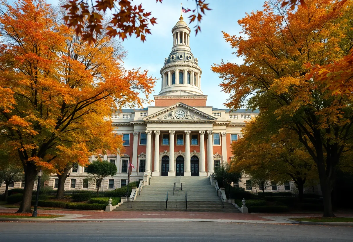 Boston City Hall surrounded by colorful autumn leaves