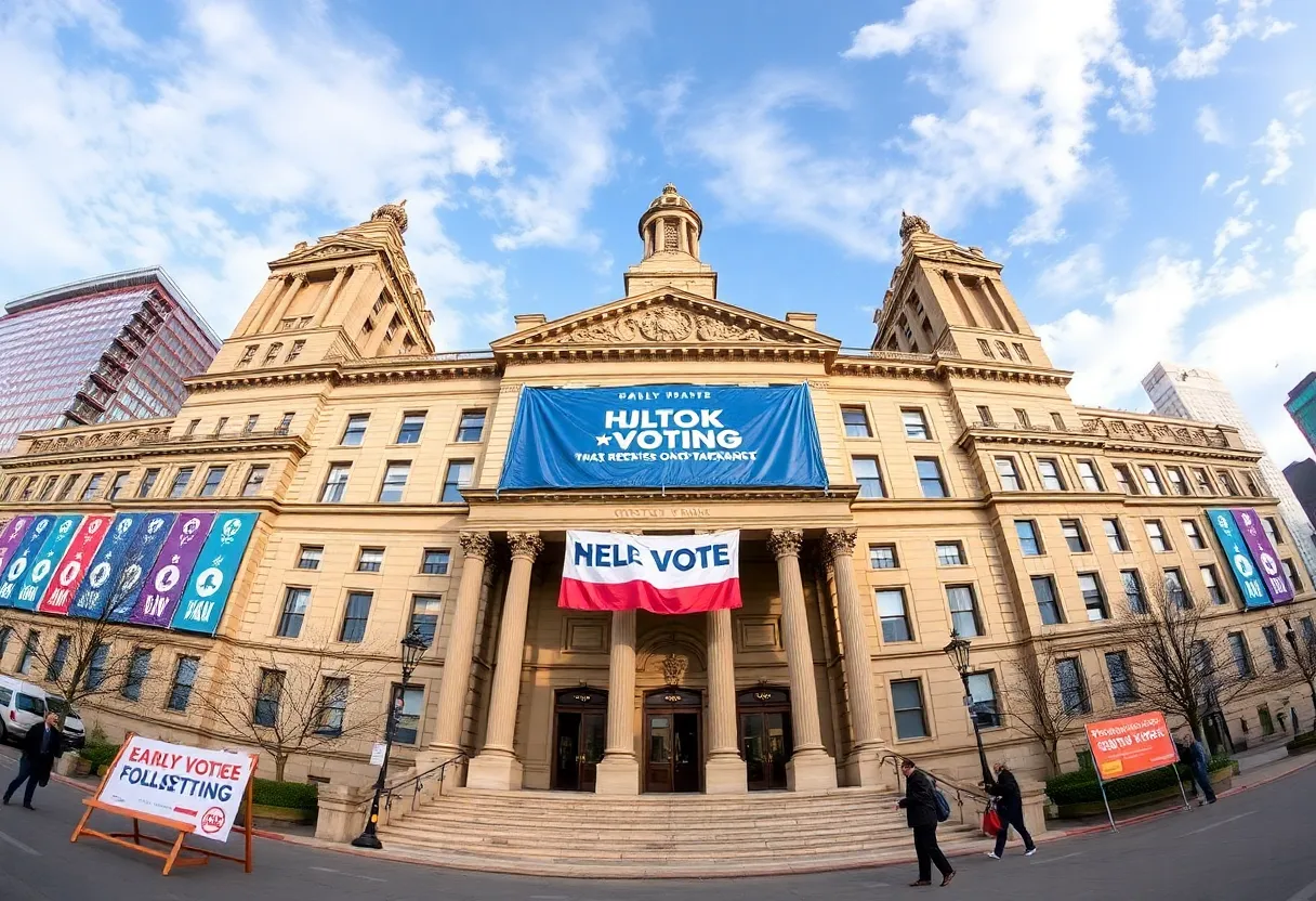 Boston City Hall decorated for the election season