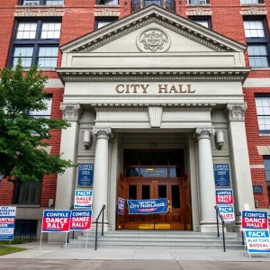 Boston City Hall surrounded by campaign signs during election season