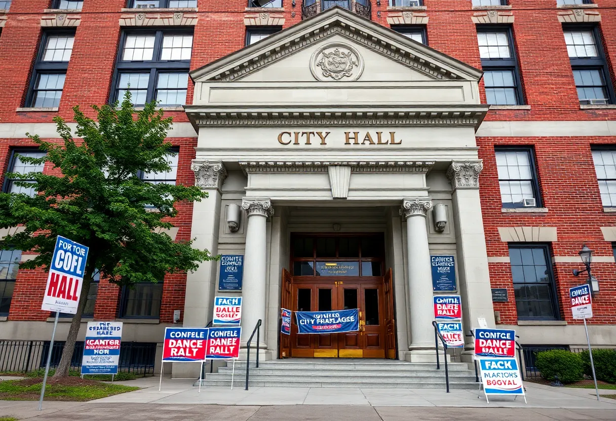 Boston City Hall surrounded by campaign signs during election season