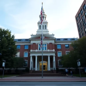 Exterior view of Boston City Hall with American flag