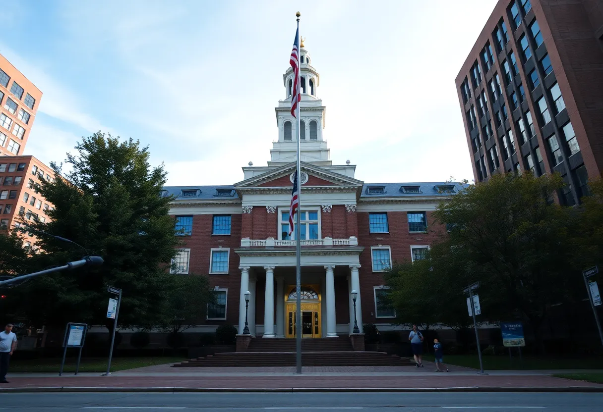Exterior view of Boston City Hall with American flag
