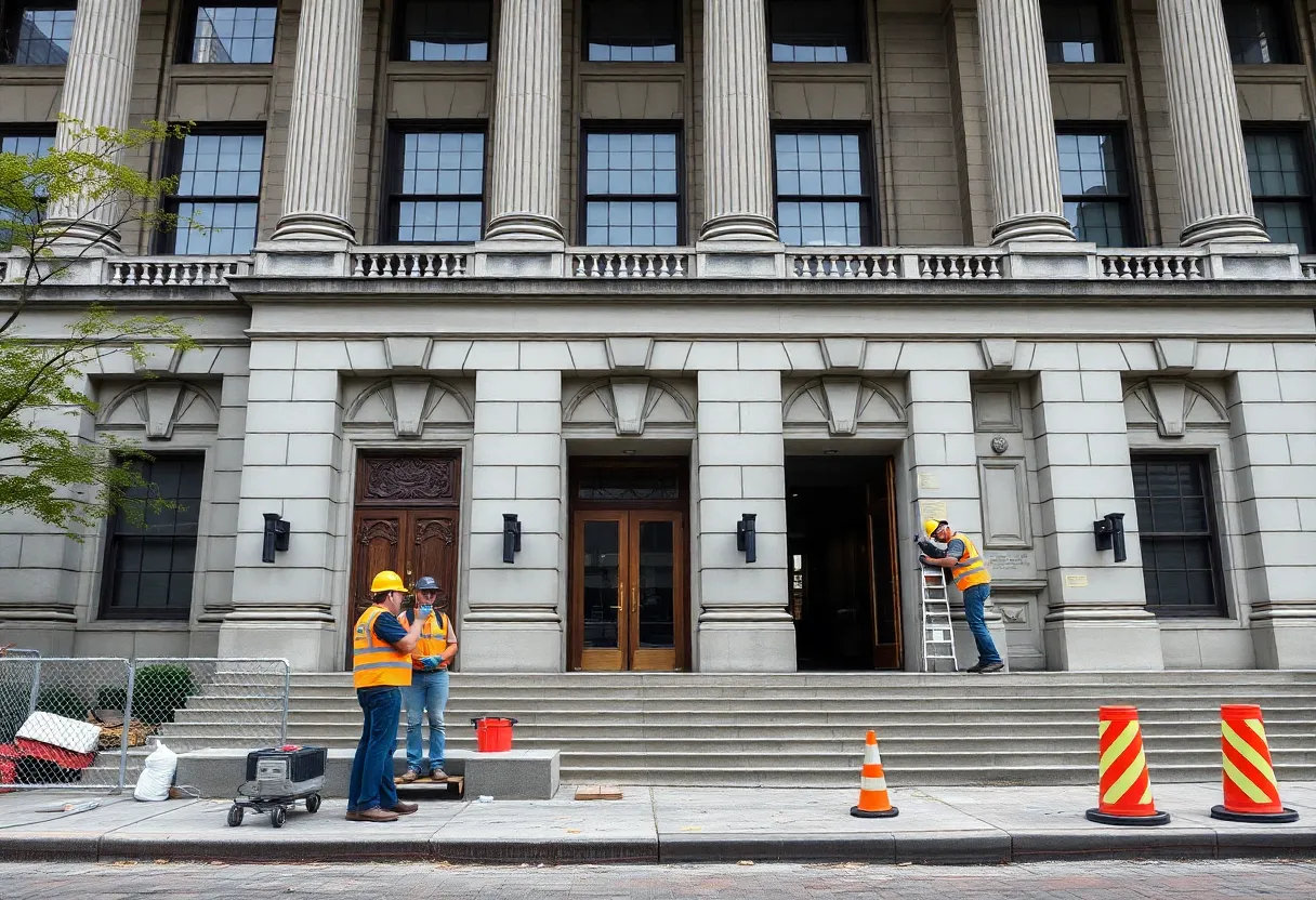 Boston City Hall with plumbing work in progress outside