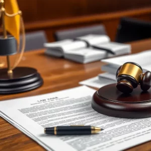 Courtroom with gavel and legal documents