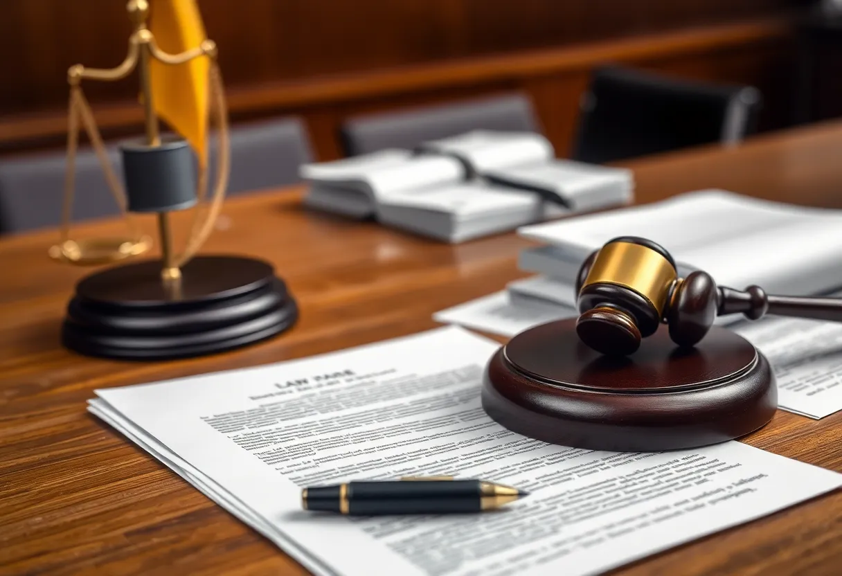 Courtroom with gavel and legal documents