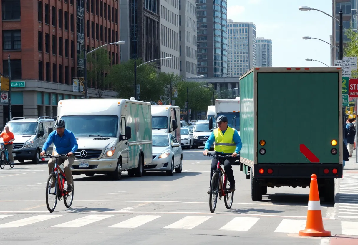 Delivery vehicles on a Boston street with pedestrians