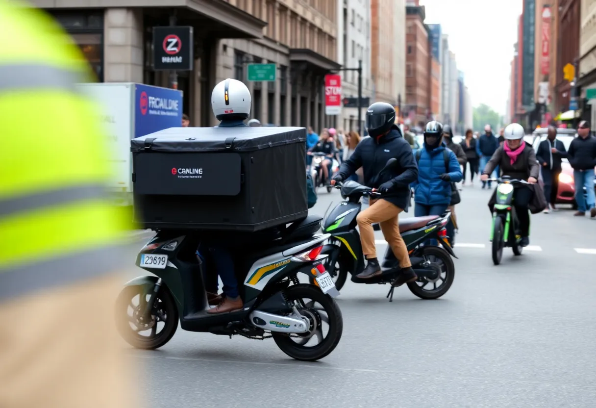 Mopeds and e-bikes delivering goods on a busy Boston street with pedestrians.