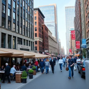 Busy downtown Boston office area with pedestrians and cafes