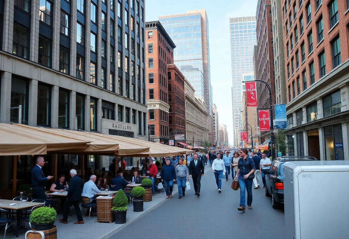 Busy downtown Boston office area with pedestrians and cafes
