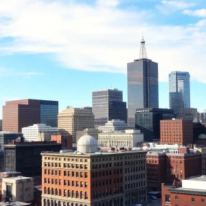 A view of the Boston downtown skyline with tall skyscrapers and historic buildings