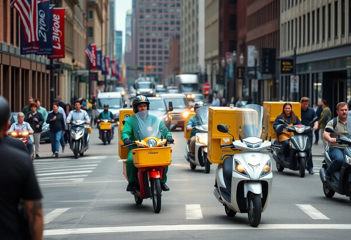 E-bikes and mopeds on a Boston street during delivery