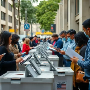 Voters at a polling station using electronic check-in on Election Day in Boston.