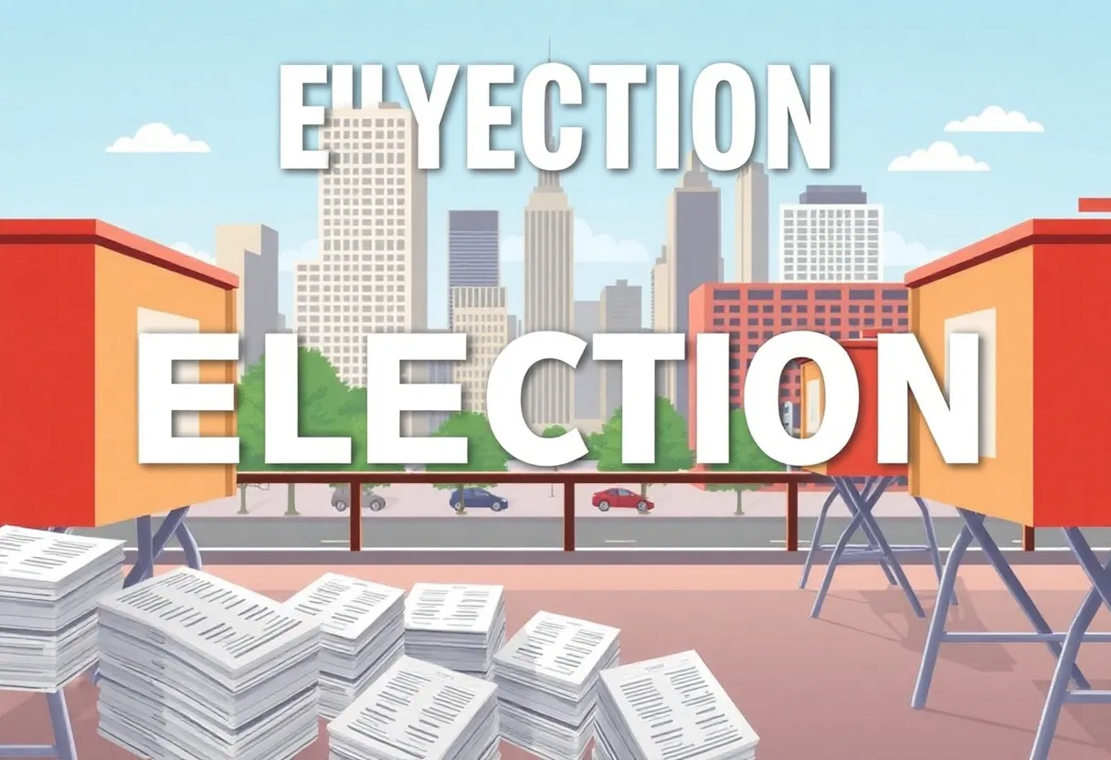 Visual representation of the Boston election process with ballots and voting booths