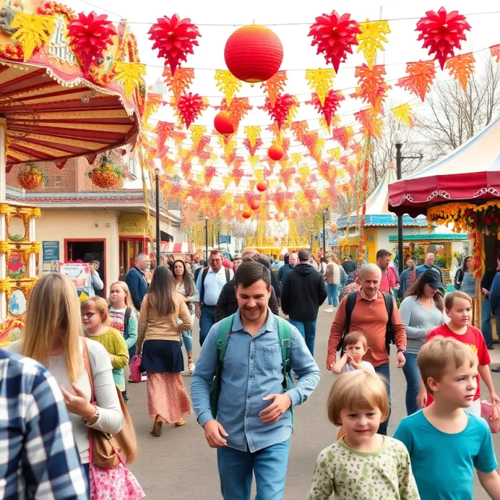 Families at a fall festival in Boston with carnival rides and autumn decorations