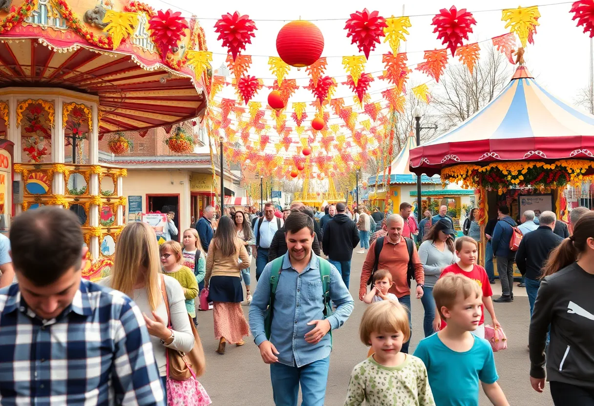 Families at a fall festival in Boston with carnival rides and autumn decorations