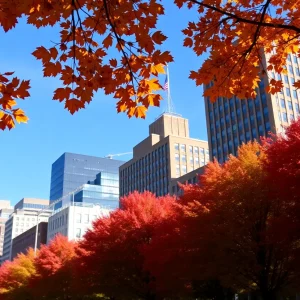 Scenic view of Boston in fall with colorful trees and clear sky