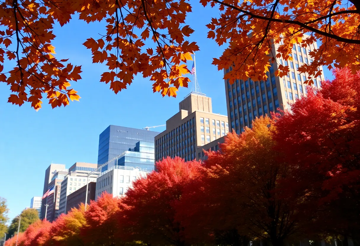Scenic view of Boston in fall with colorful trees and clear sky
