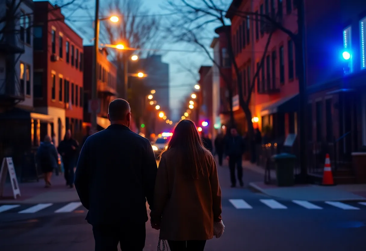 Police lights illuminating a Boston street during a hate crime investigation.