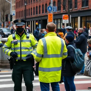 Police and outreach workers engaging with individuals at the Mass. and Cass intersection in Boston.