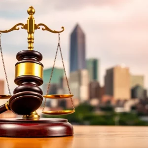Abstract representation of justice scales and gavel with Boston skyline