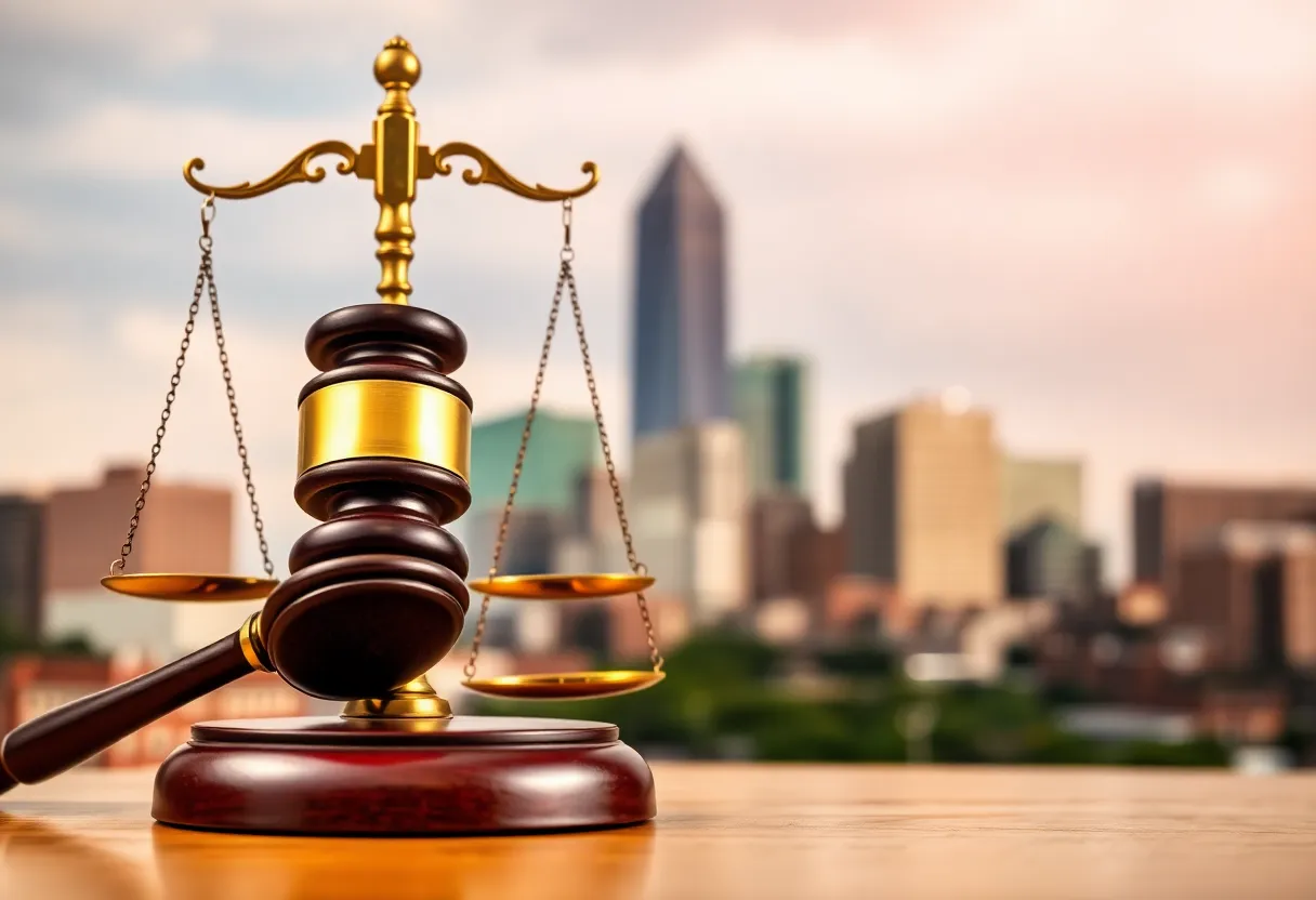 Abstract representation of justice scales and gavel with Boston skyline