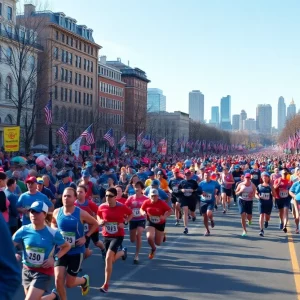 Runners participating in the Boston Marathon in a lively atmosphere