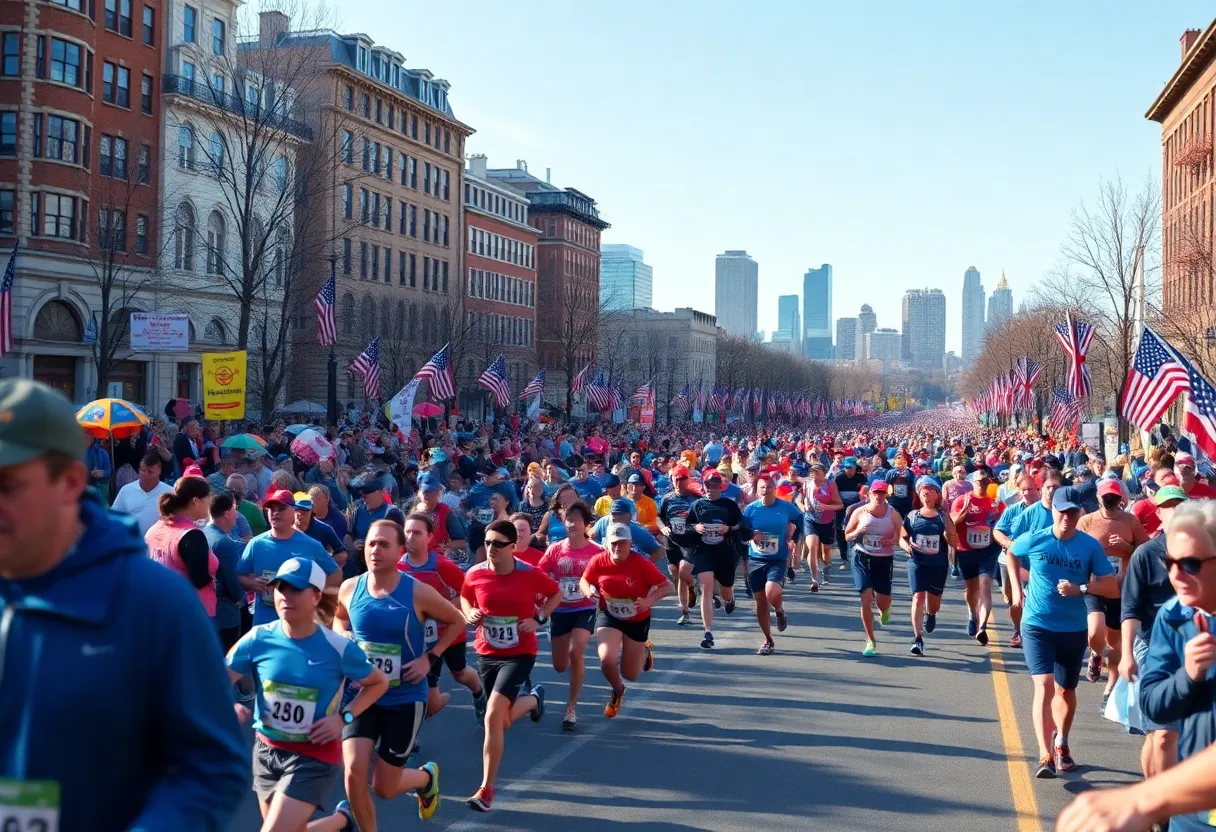 Runners participating in the Boston Marathon in a lively atmosphere