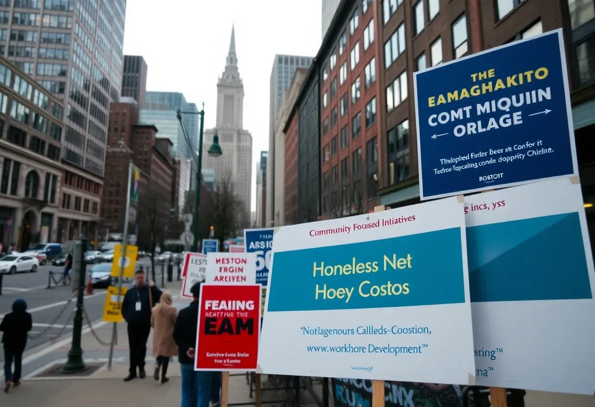 Boston cityscape with campaign signs representing an election atmosphere.