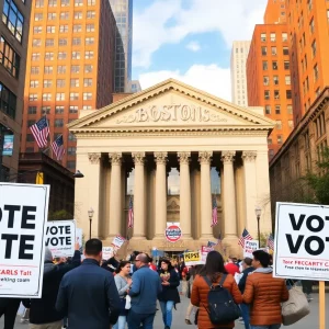 Boston cityscape with voters participating in the election process