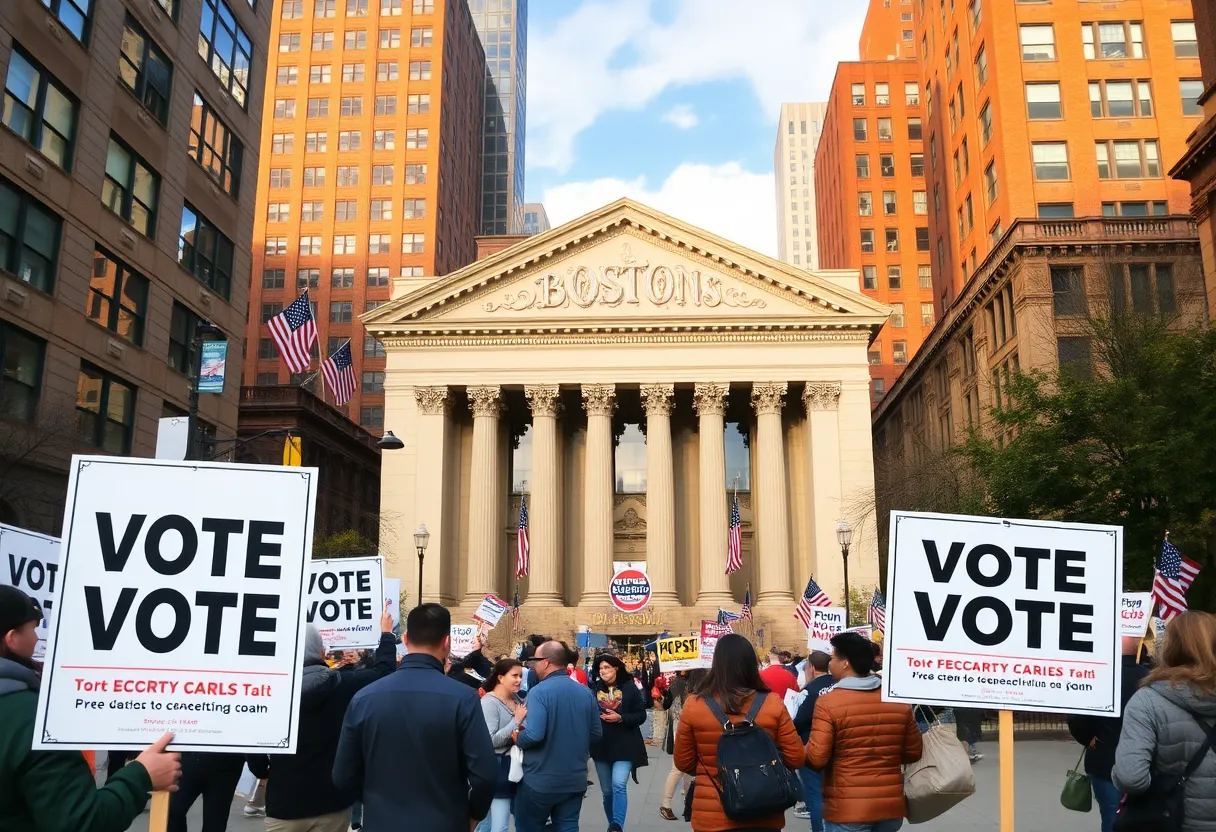 Boston cityscape with voters participating in the election process