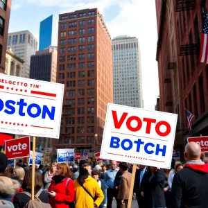 Boston cityscape with campaign signs during the mayoral election