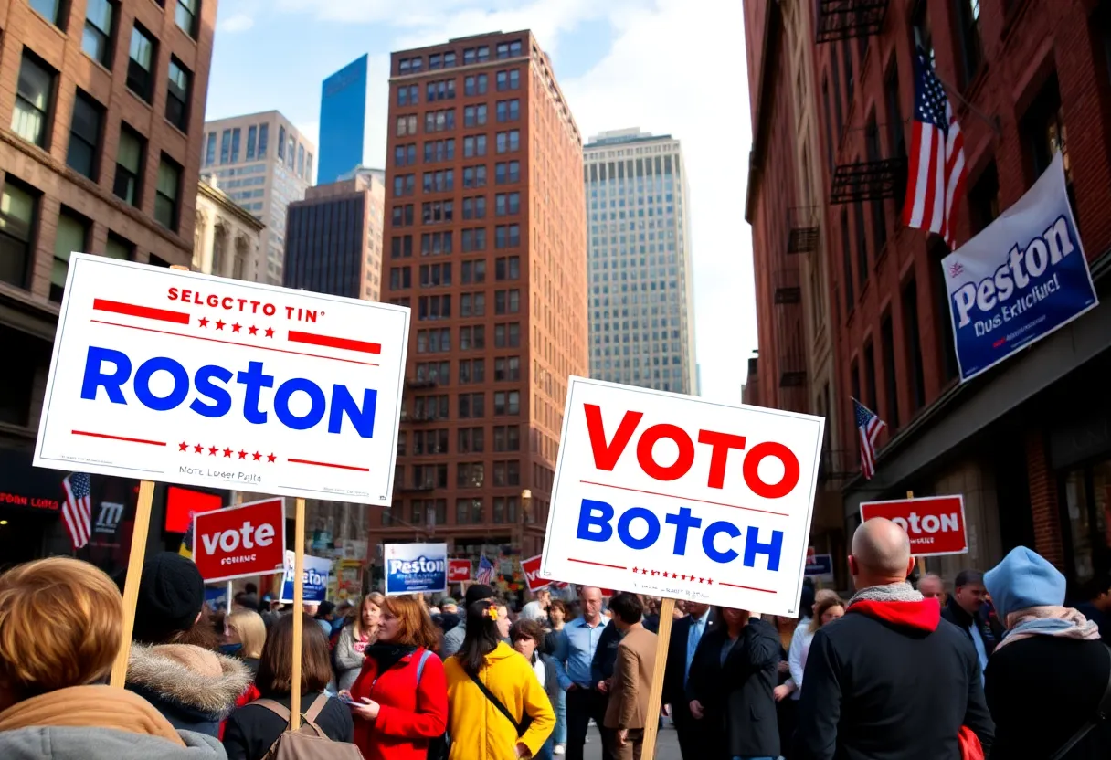 Boston cityscape with campaign signs during the mayoral election