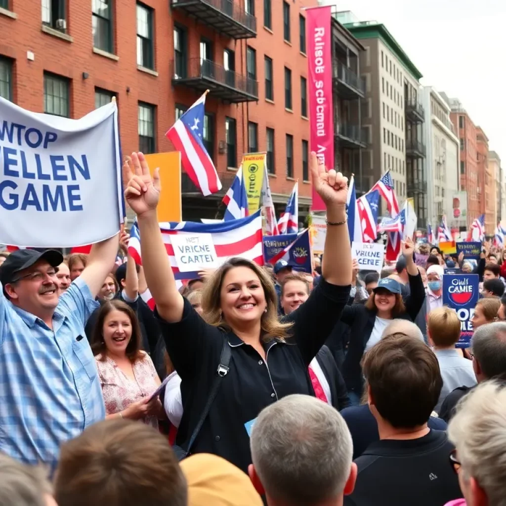 Supporters celebrating at a Boston mayoral rally.