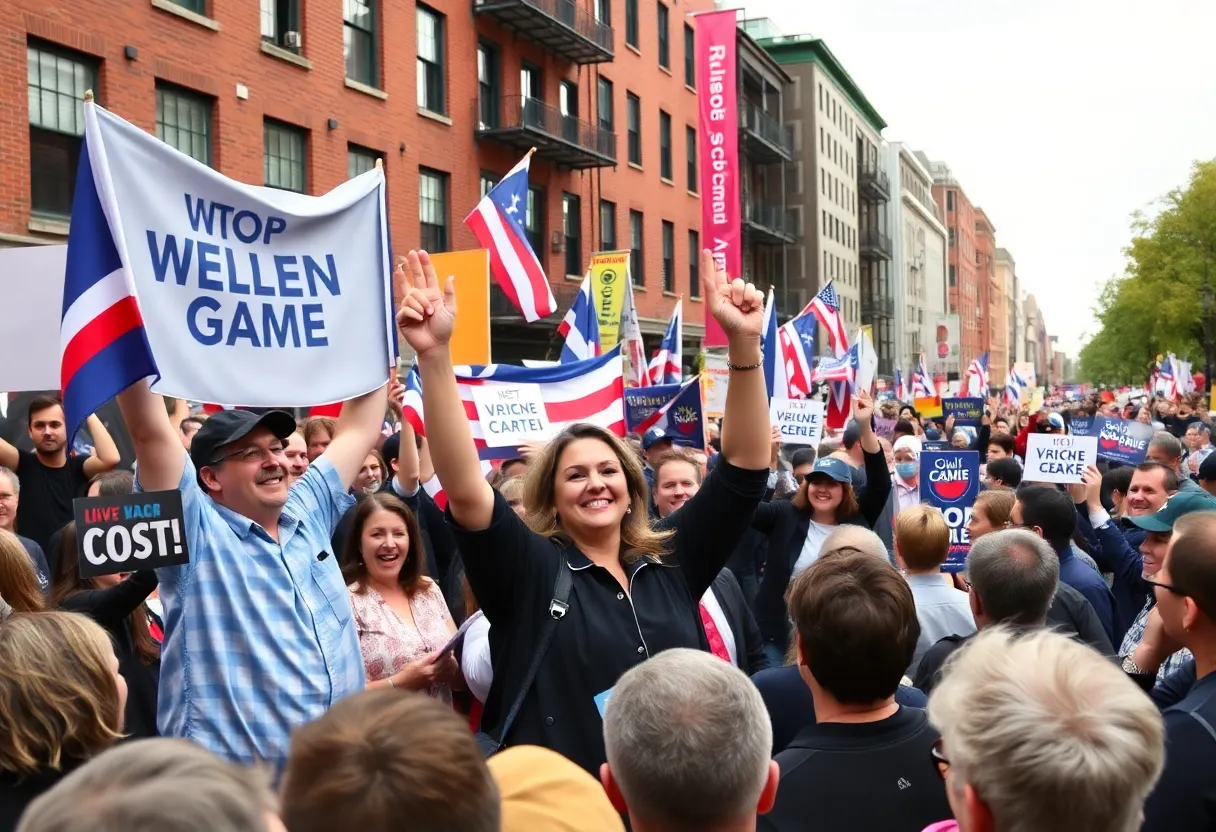 Supporters celebrating at a Boston mayoral rally.