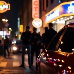 Nighttime Boston street with a red car and nightlife patrons