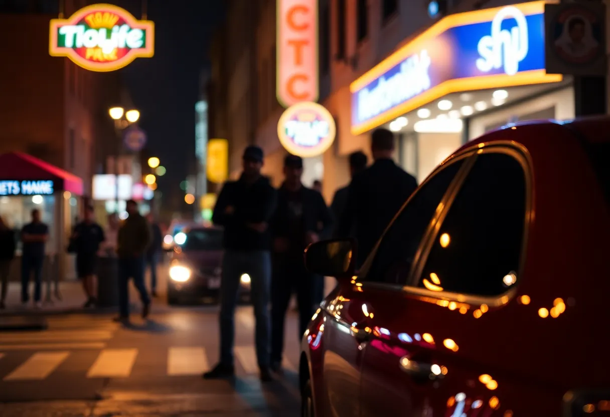 Nighttime Boston street with a red car and nightlife patrons