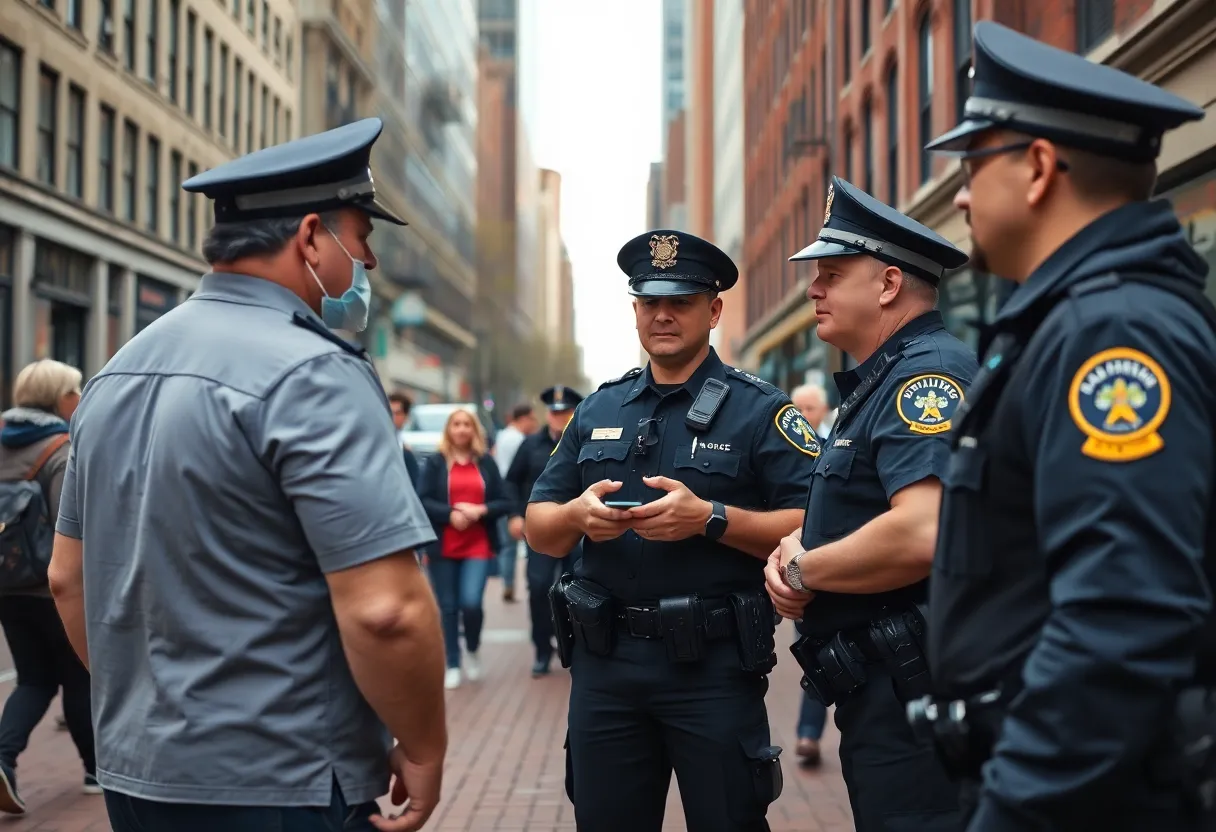 Boston police officers interacting with residents in a city setting.