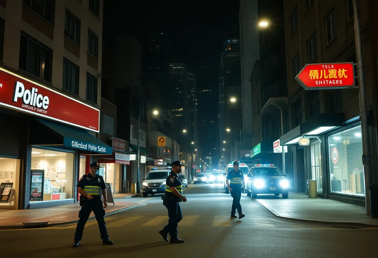Police officers patrolling in Boston's South End neighborhood at night