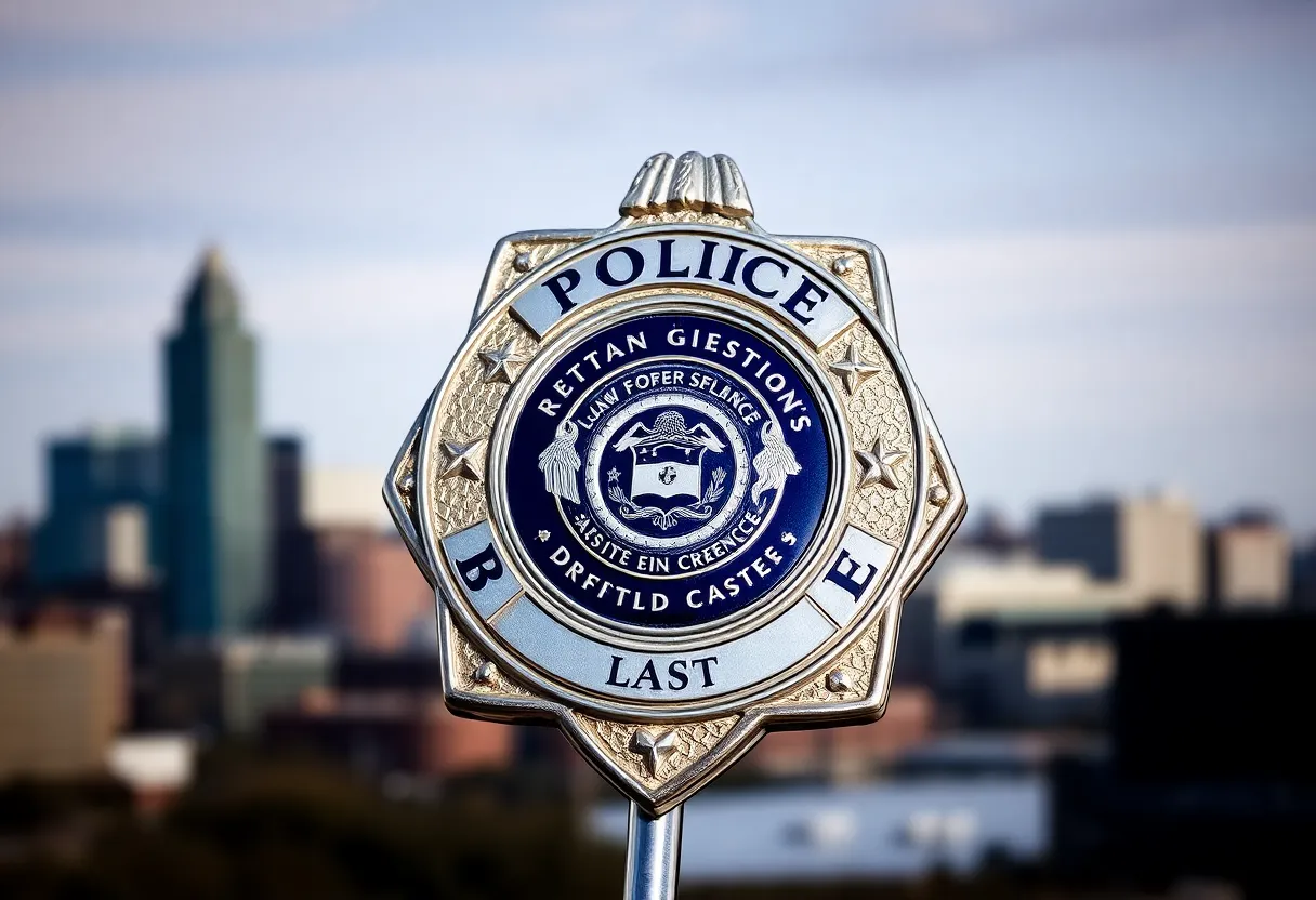 Police badge set against the Boston skyline