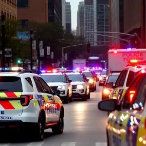 Boston police vehicles in an urban environment during an incident response
