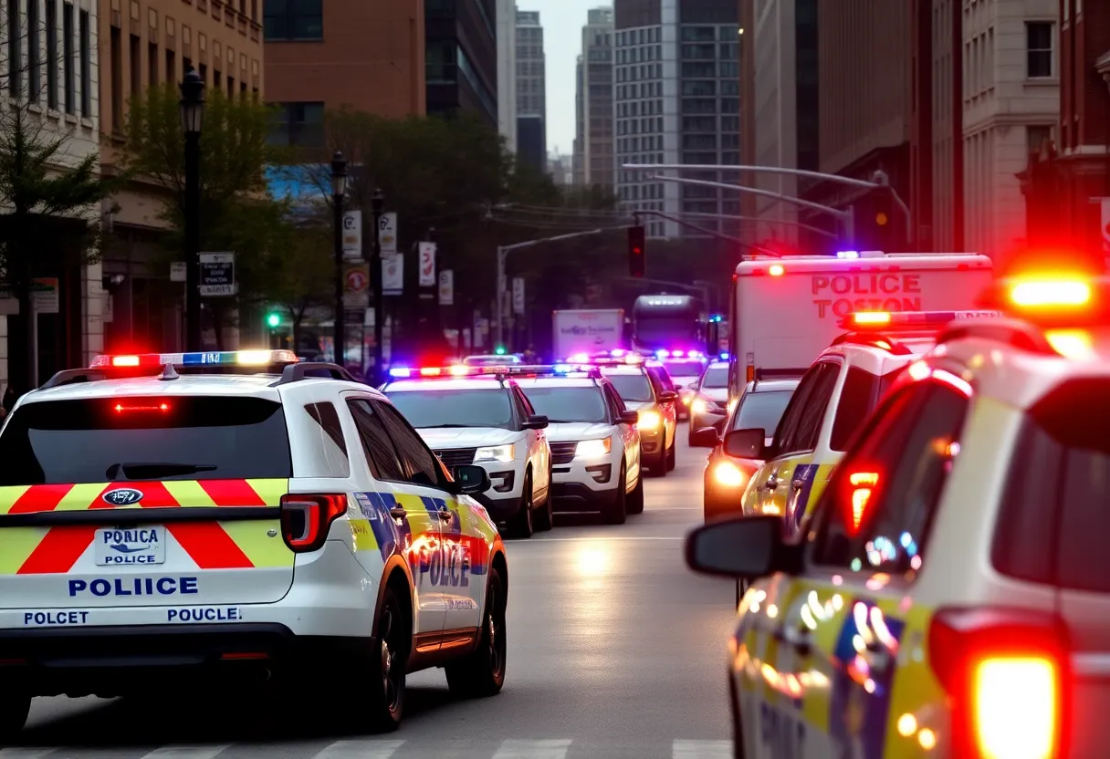 Boston police vehicles in an urban environment during an incident response