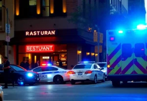 Police cars outside a Boston restaurant during a shooting incident