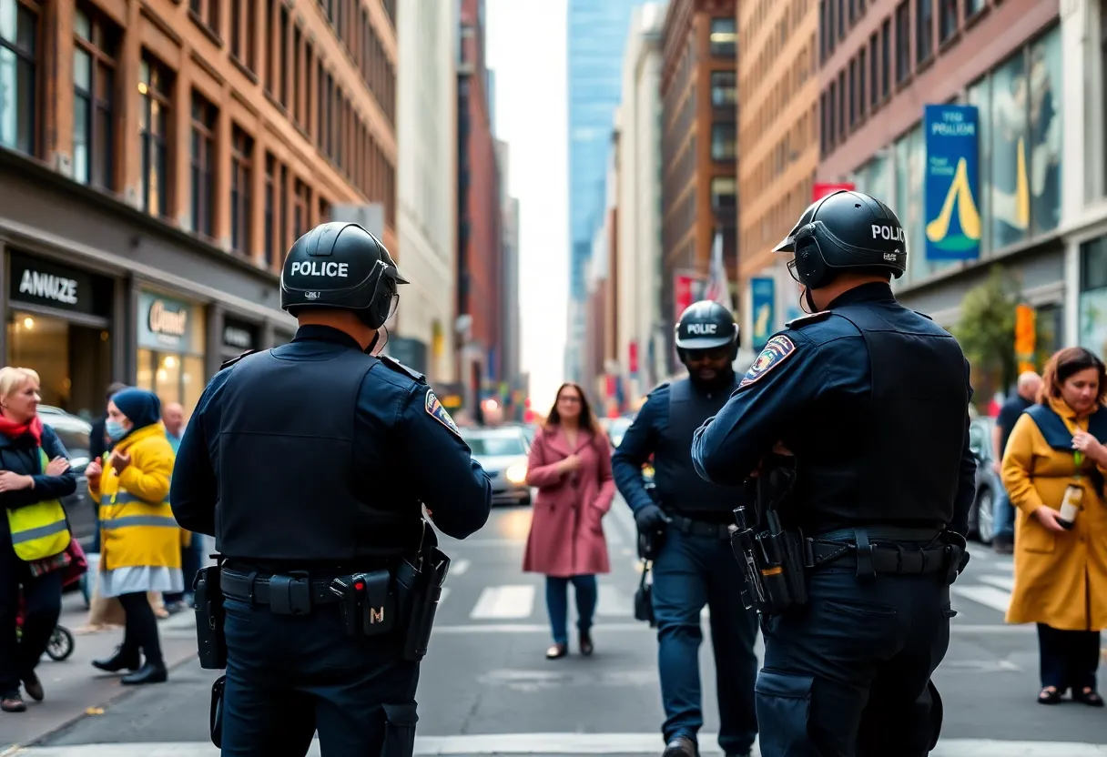 Police officer on the street in Boston during a public safety check