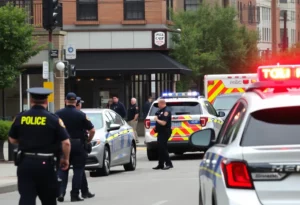 Emergency vehicles and police presence outside a restaurant in Beacon Hill, Boston.