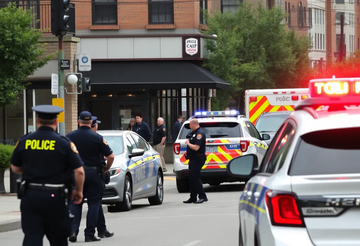 Emergency vehicles and police presence outside a restaurant in Beacon Hill, Boston.