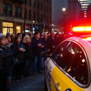 Police car at a shooting scene in Boston with residents nearby